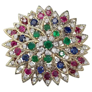 David Webb Multi Gem Ruby Emerald Sapphire Diamond Gold Flower Brooch