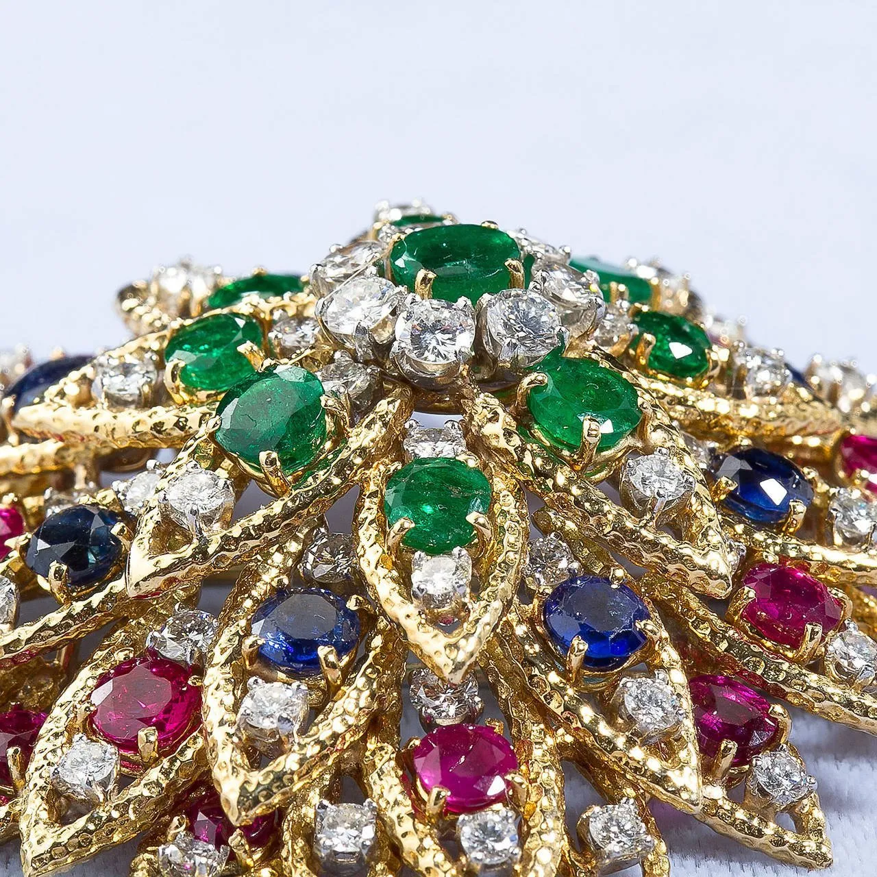 David Webb Multi Gem Ruby Emerald Sapphire Diamond Gold Flower Brooch