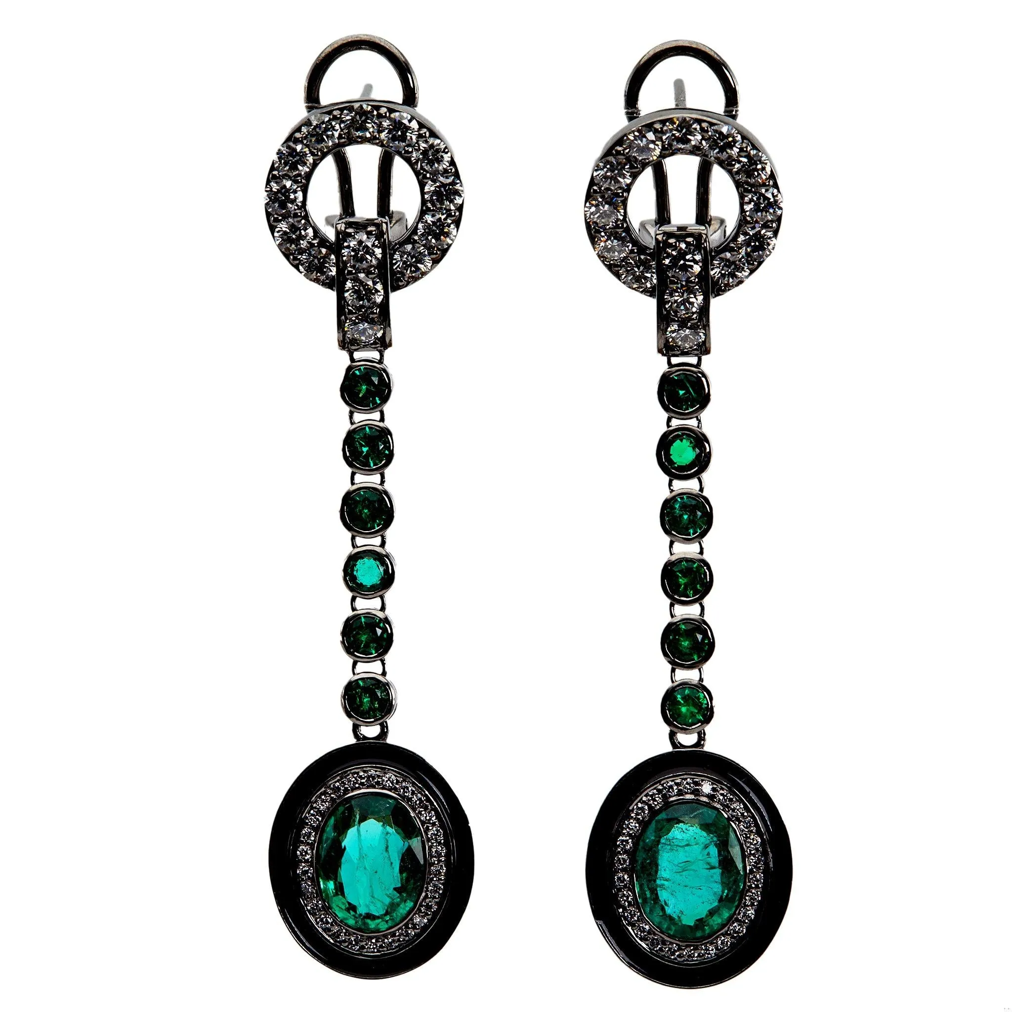 Emerald and Diamond 18k Blackened White Gold Drop Earrings