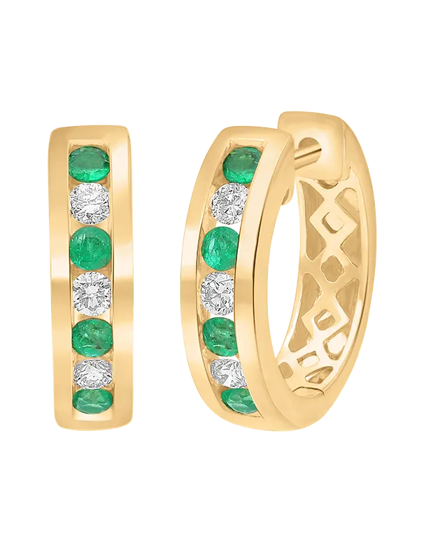 Emerald Earrings - 10ct Yellow Gold Emerald & Diamond Hoop Earrings - 784300