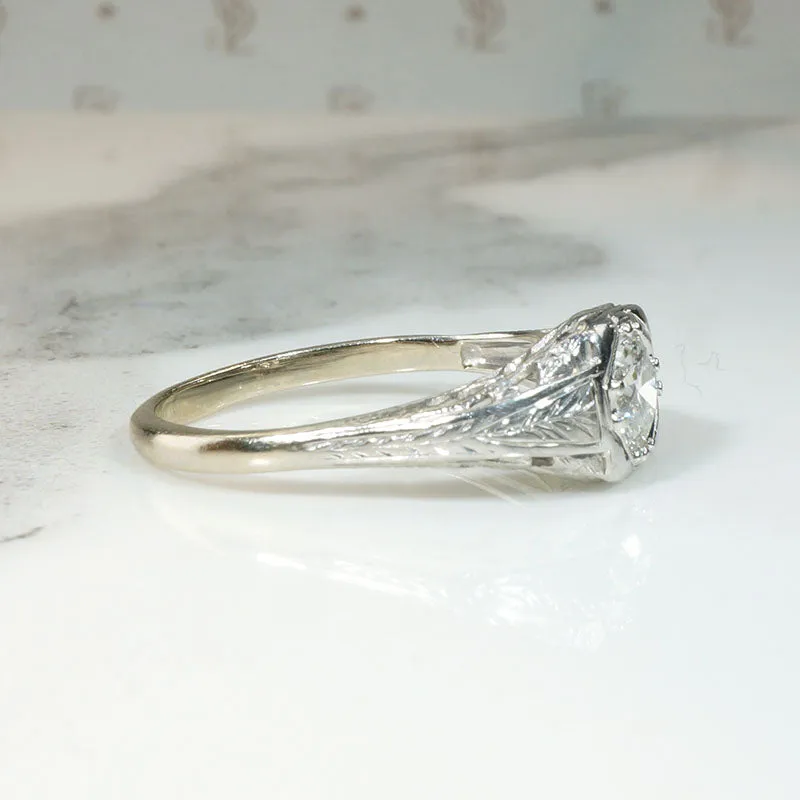 Engraved & Filigreed Art Deco Diamond Engagement Ring