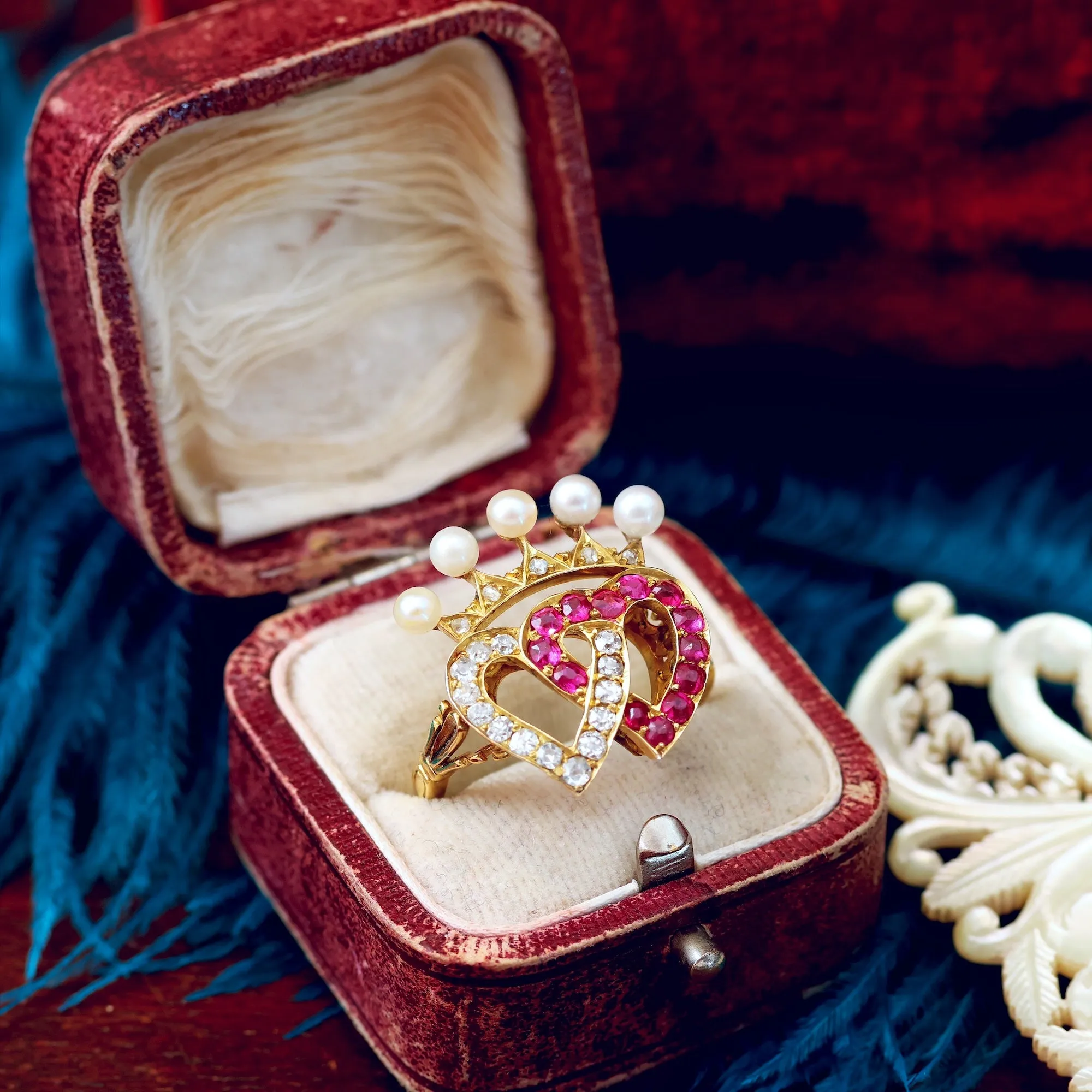 Extravagant Antique Crowned Ruby & Diamond Hearts Ring