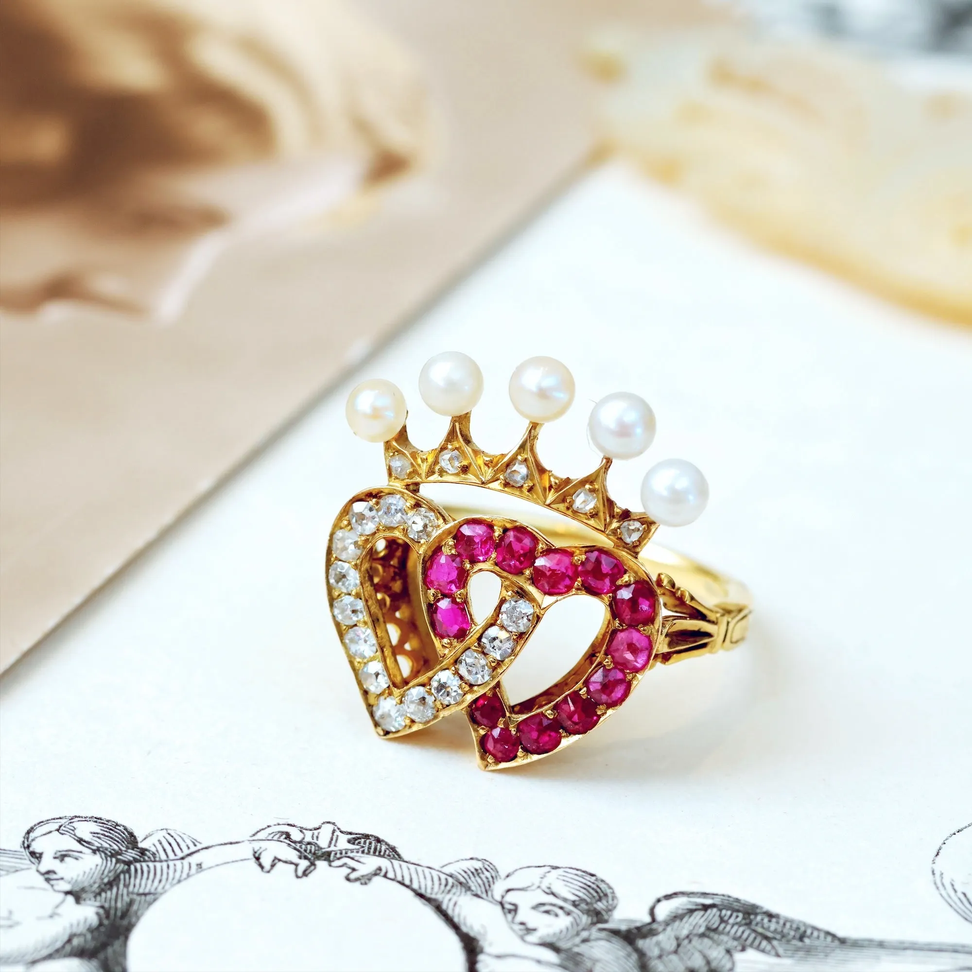 Extravagant Antique Crowned Ruby & Diamond Hearts Ring