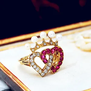 Extravagant Antique Crowned Ruby & Diamond Hearts Ring