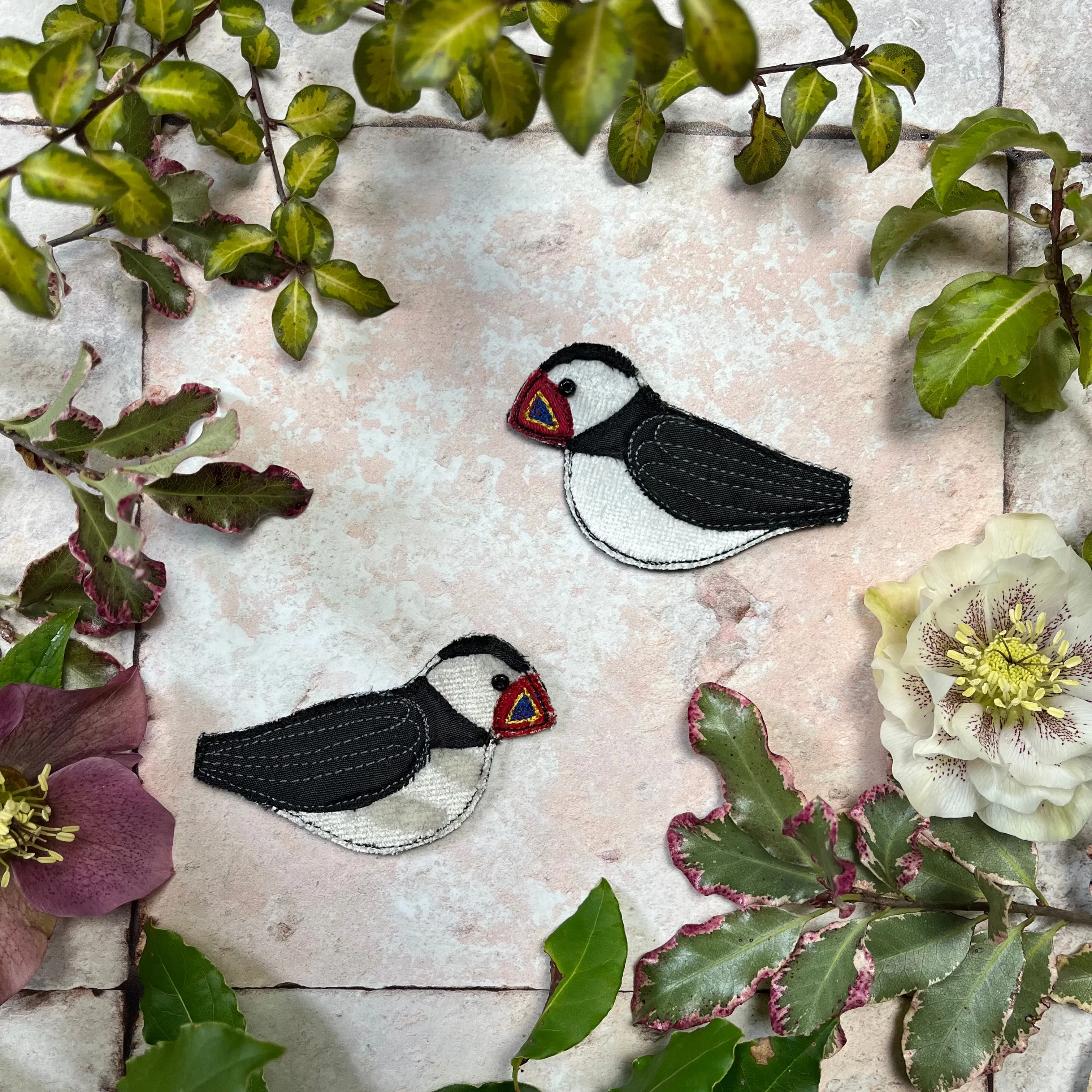 Fabric Puffin brooches