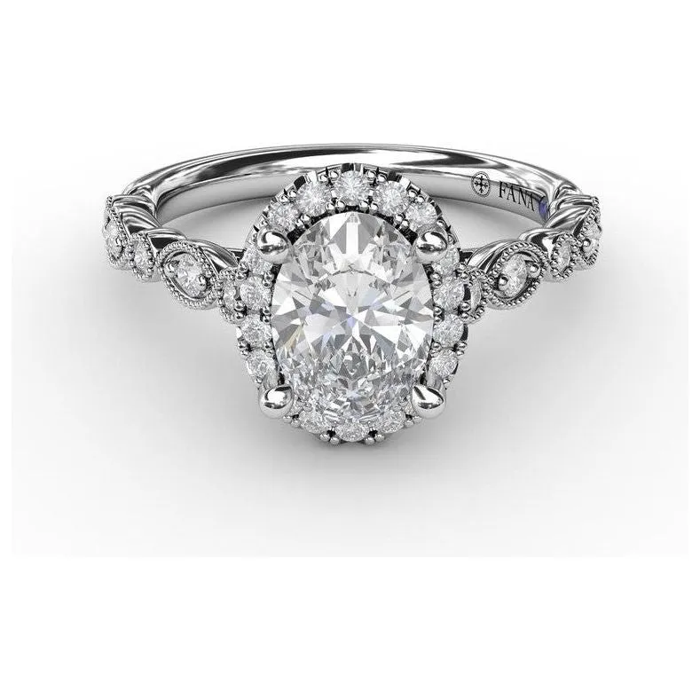 Fana 14K White Gold and Diamond Oval Halo with Detailed Milgrain Band