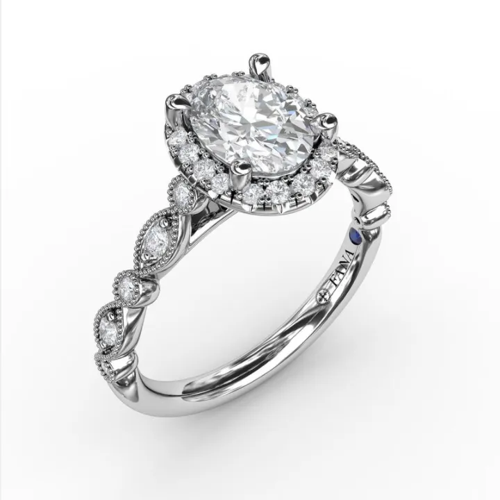 Fana 14K White Gold and Diamond Oval Halo with Detailed Milgrain Band