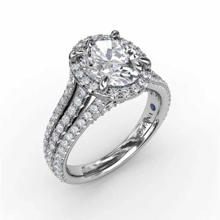 Fana 14K White Gold Oval Diamond Halo Engagement Ring With Triple-Row Diamond Band