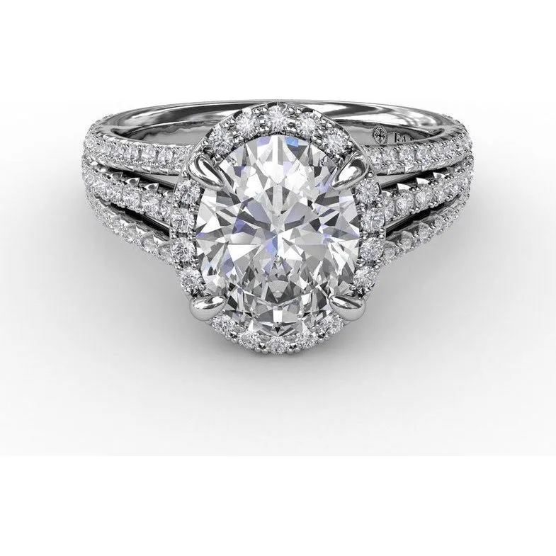 Fana 14K White Gold Oval Diamond Halo Engagement Ring With Triple-Row Diamond Band