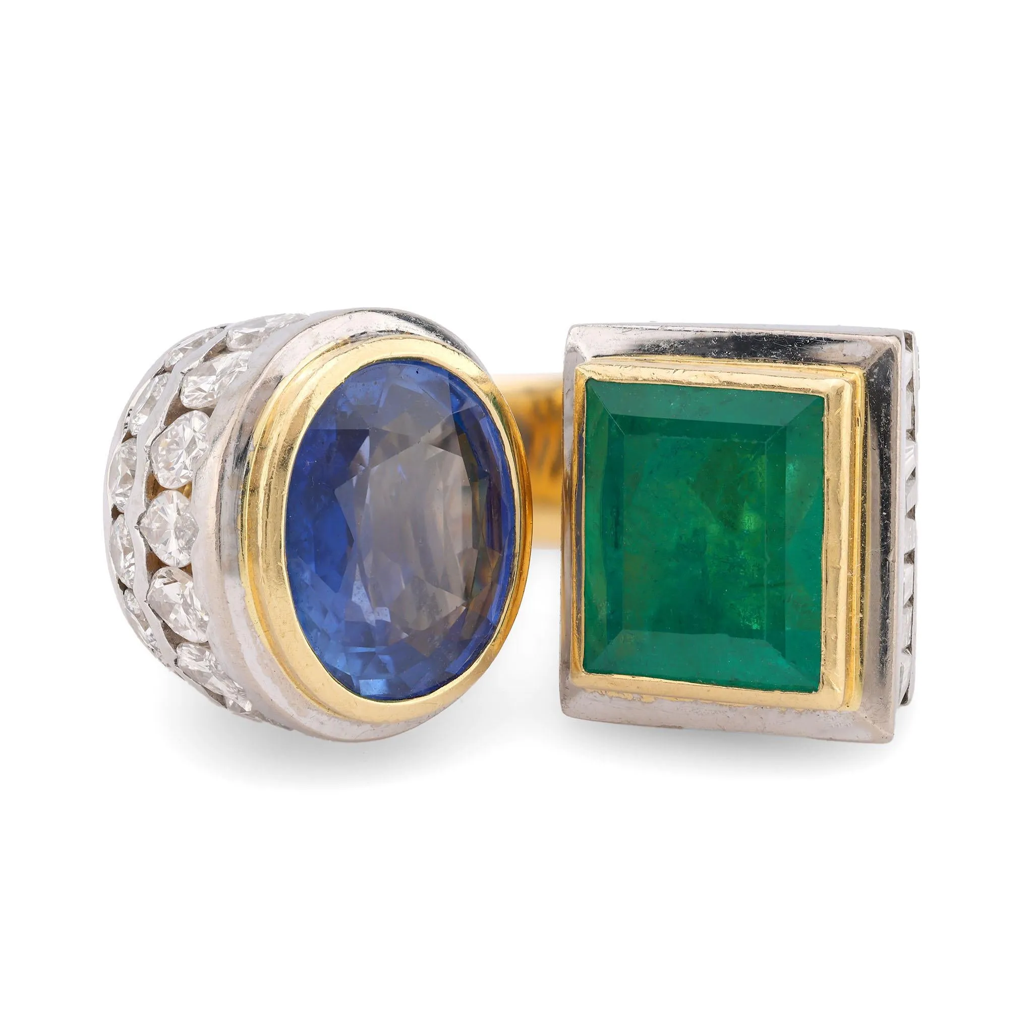 GIA 10 Carat Sapphire GIA 5.3 Carat Emerald Diamond 18K Yellow Gold Large Ring