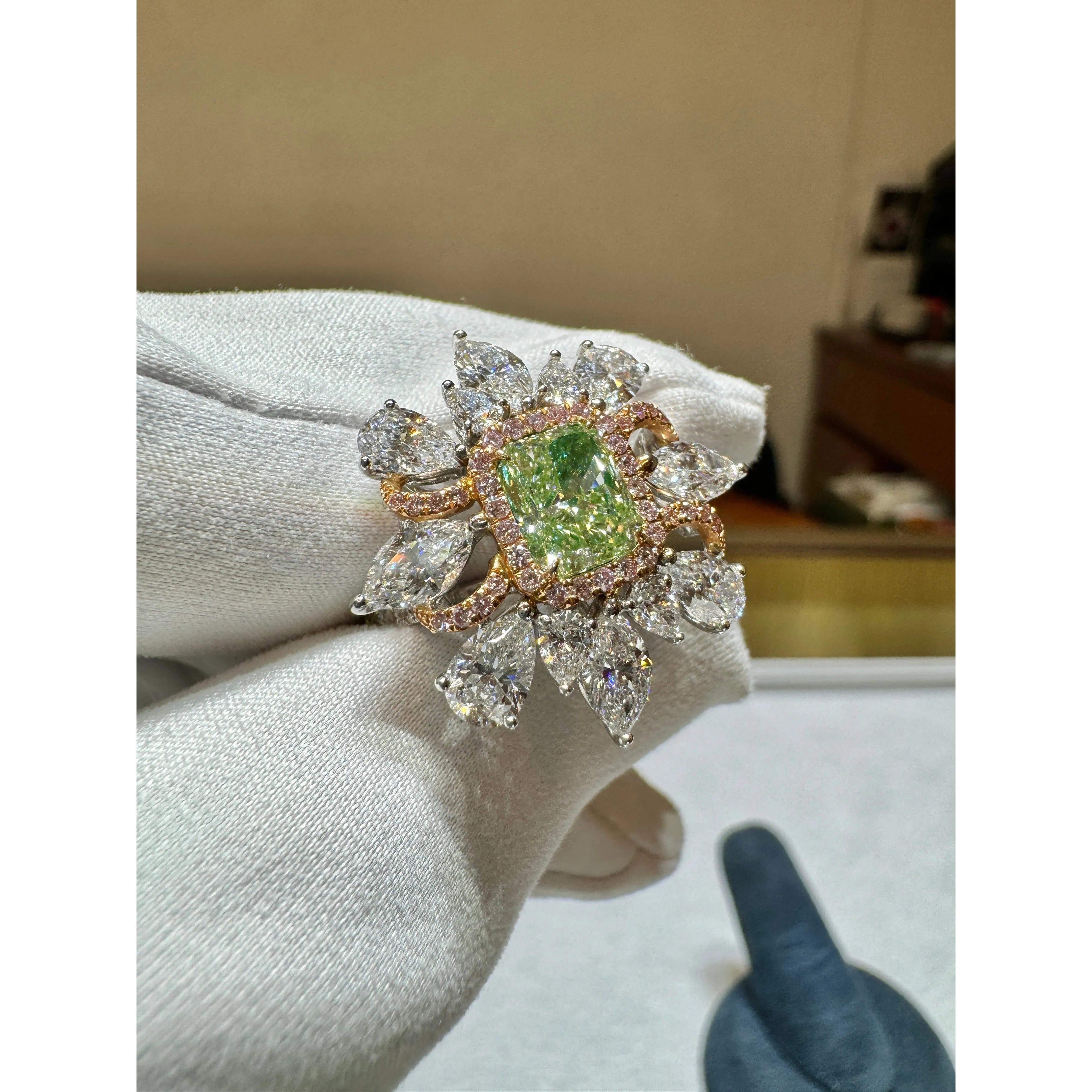 GIA Certified 1.39 Carat Radiant Cut Fancy Intense Yellowish Green Diamond Ring