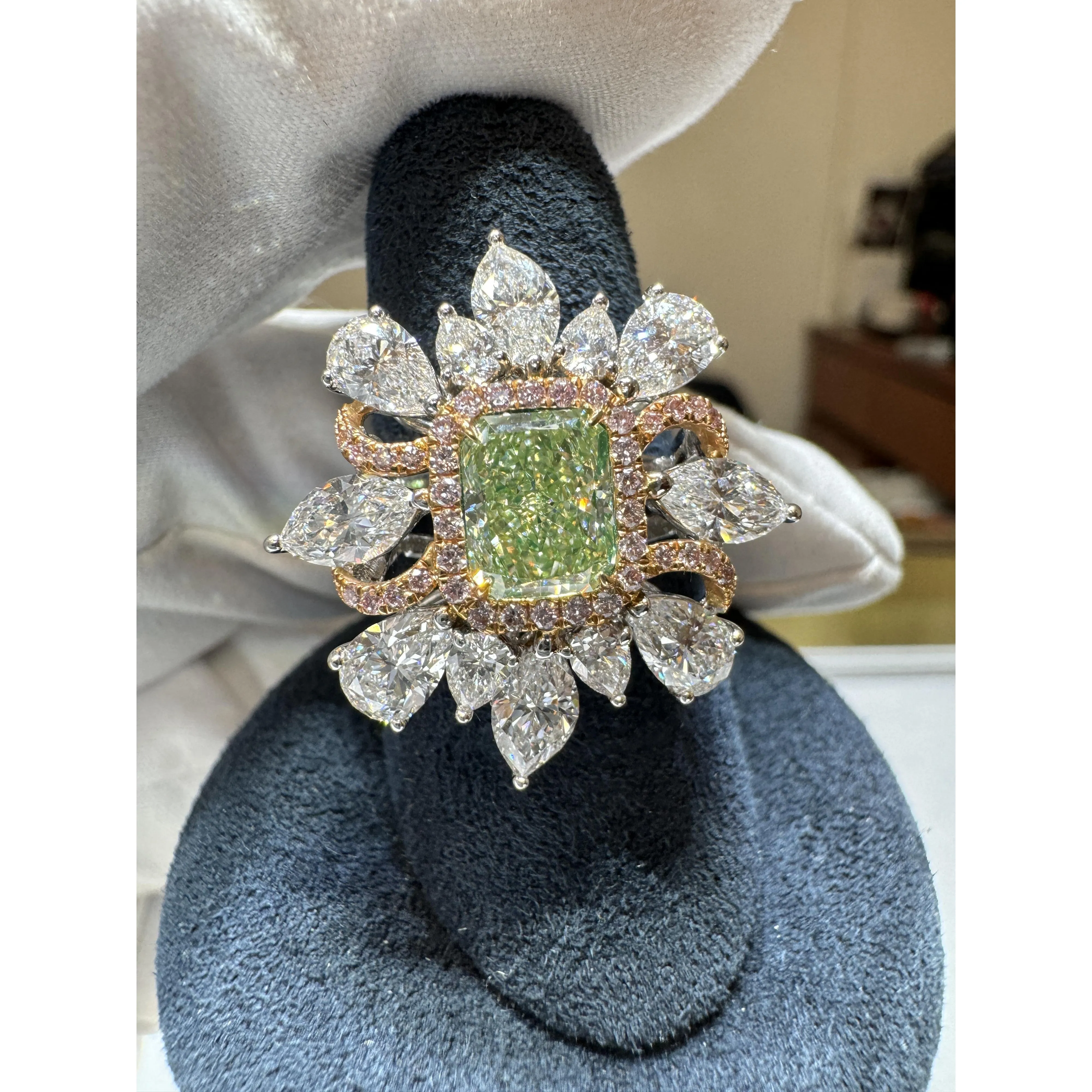 GIA Certified 1.39 Carat Radiant Cut Fancy Intense Yellowish Green Diamond Ring