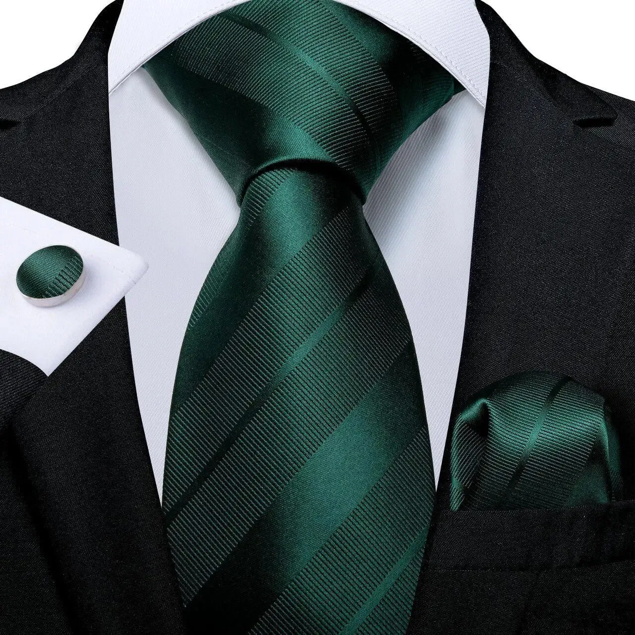 Green Stripe Necktie Pocket Square And Cufflinks Set