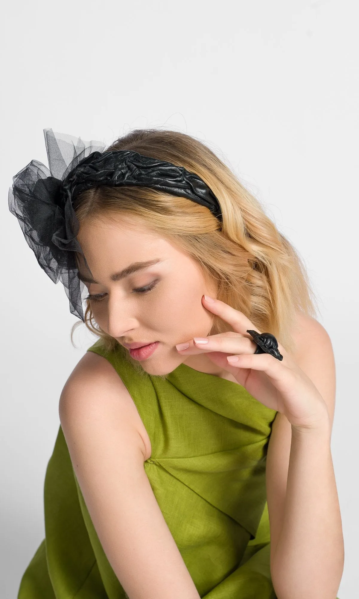 Leather Headband with Tulle Flower Detail