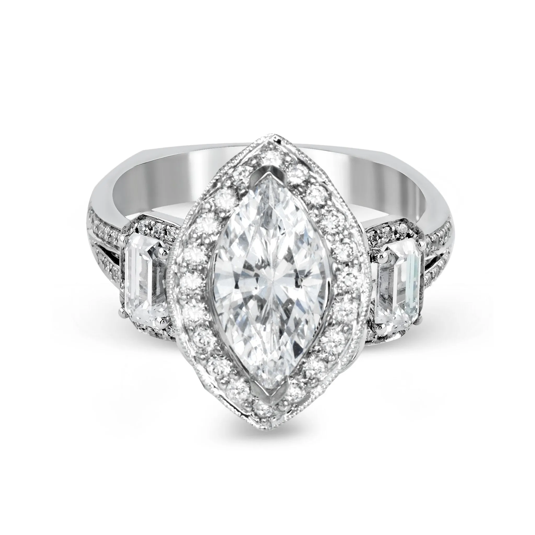 Marquise-Cut Three-Stone Halo Engagement Ring In 18k Gold With Diamonds