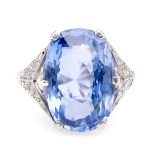 Mid-Century GIA 11.46 Carat Oval Sapphire Diamond Platinum Cocktail Ring