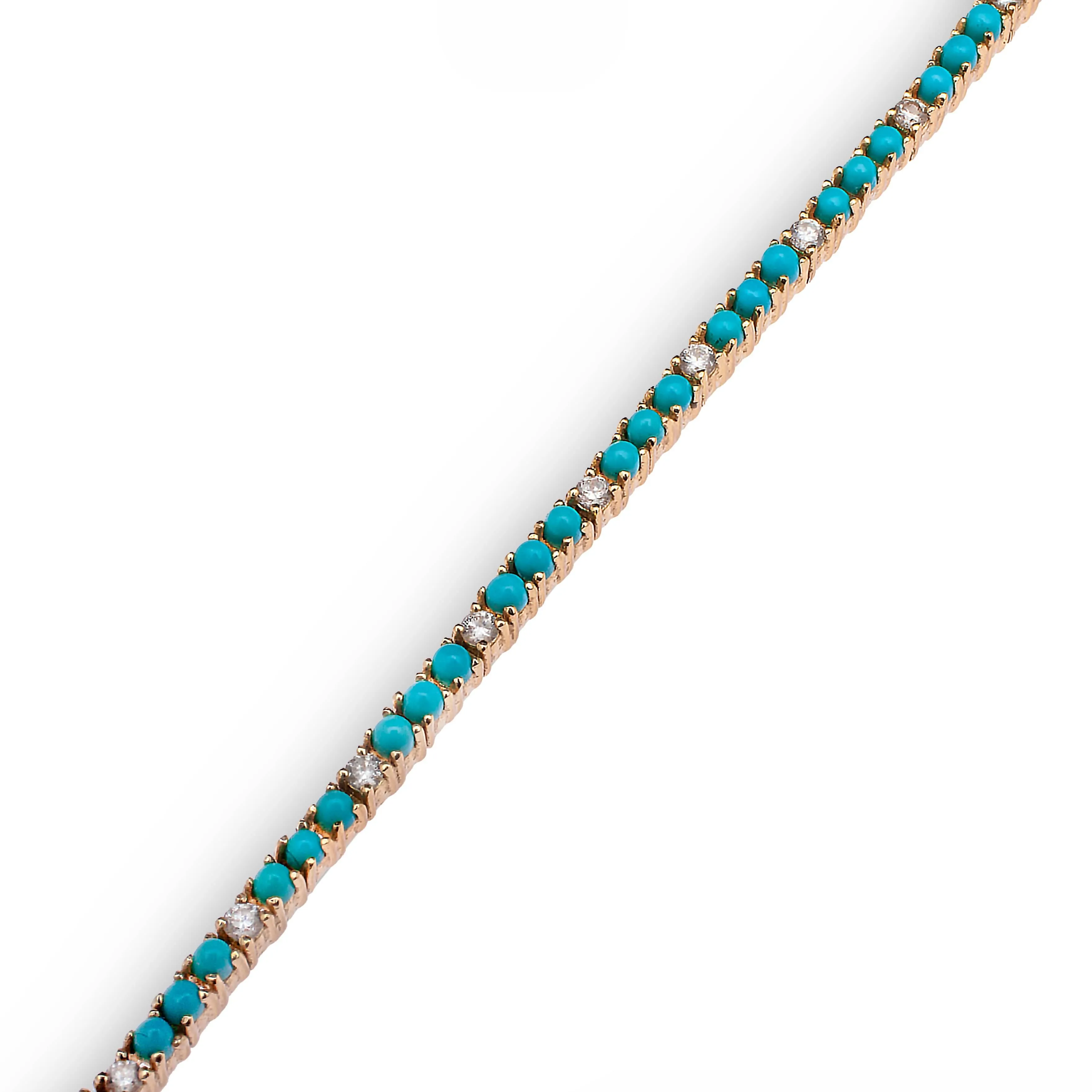 Mini 14K Gold Turquoise and Diamond Tennis Bracelet 4-Prong Setting