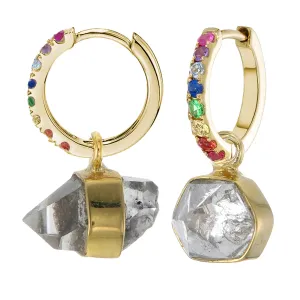 MINI HALO HOOPS - RAINBOW GEMS - WITH DIAMOND QUARTZ CHARMS - GOLD