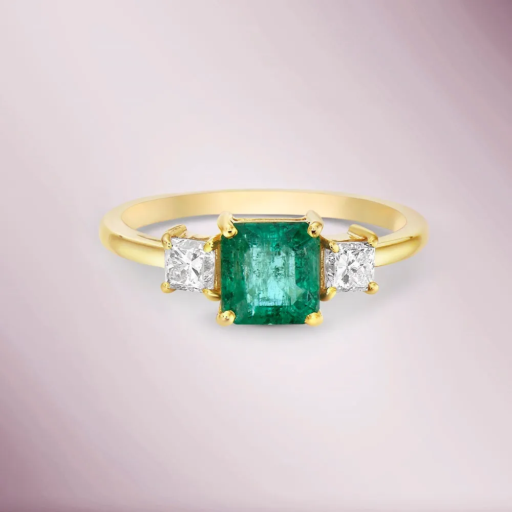 Princess Cut Emerald & Princess Cut Diamond Ring (1.70 ct.) 4-Prongs Setting in 14K Gold