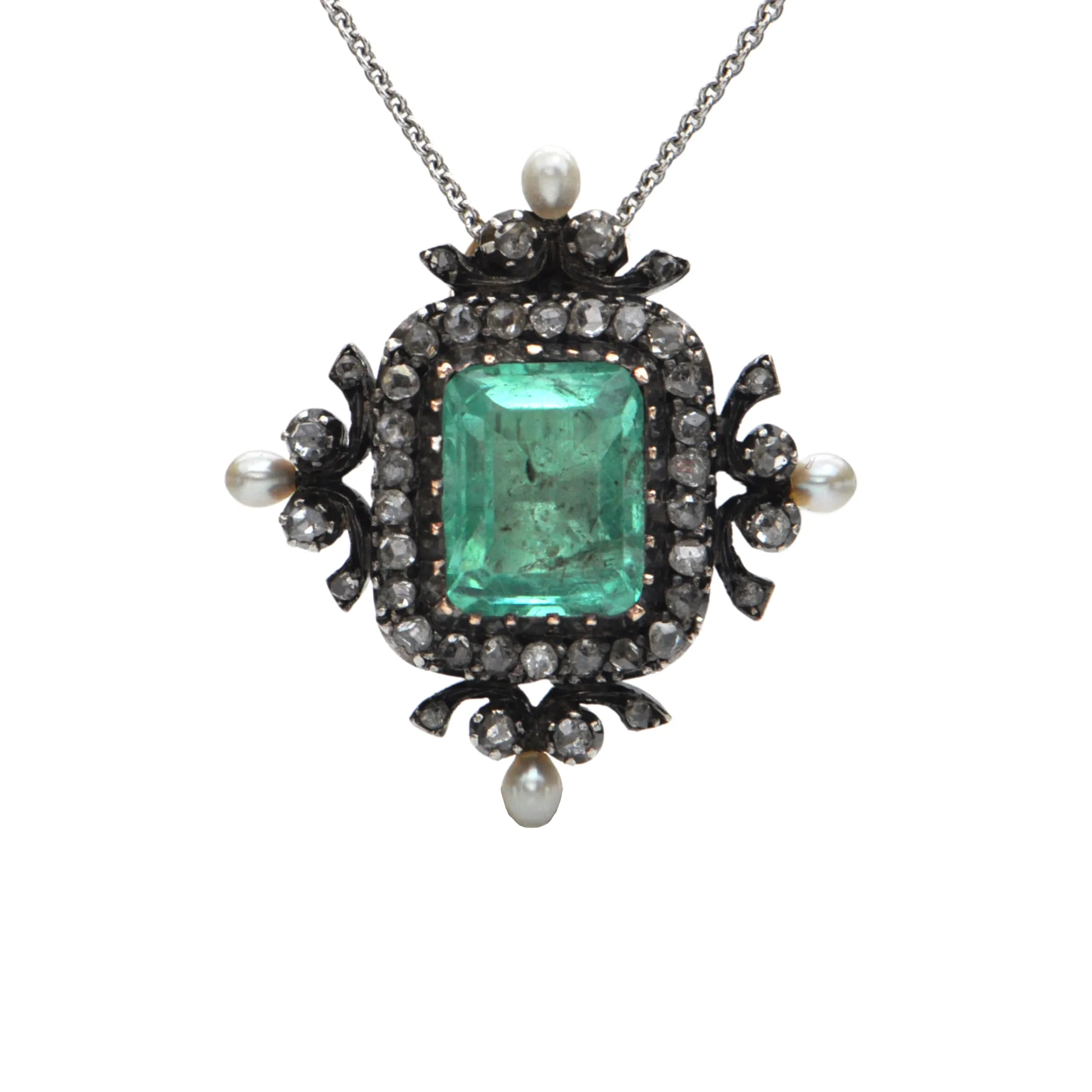 Rare Georgian Emerald, Diamond, and Pearl Pendant