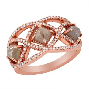 ROSE GOLD FASHION RING WITH 3 CHAMPAGNE COLORED FACETED ROUGH DIAMONDS, 25 CT TW