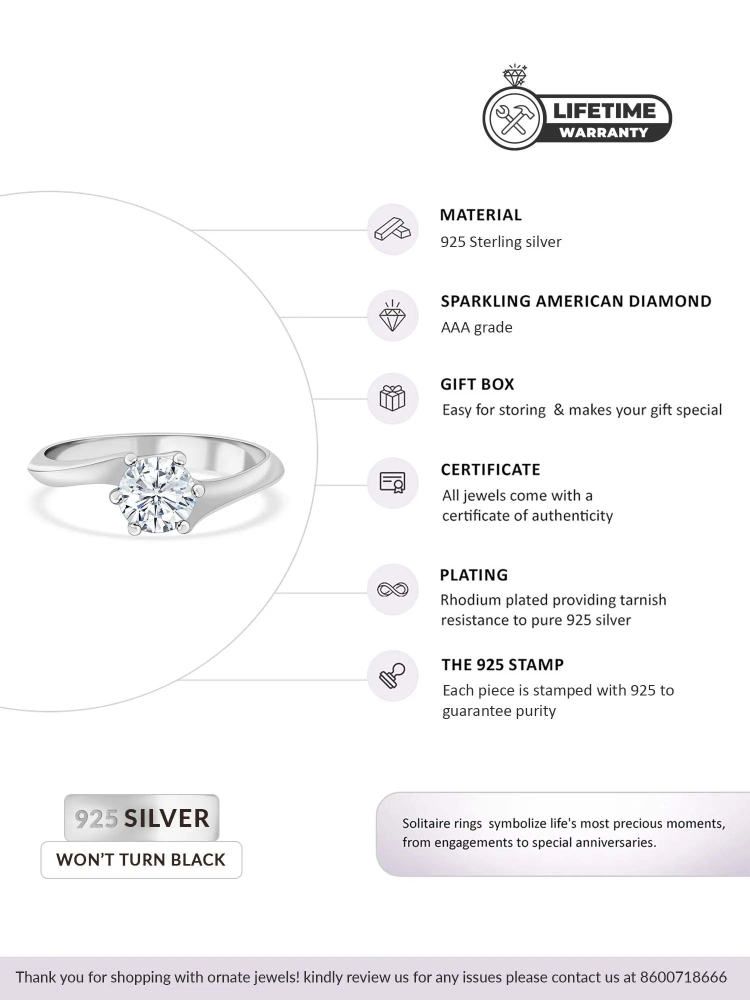 Six Prong 2 Carat Solitaire American Diamond 925 Silver Ring