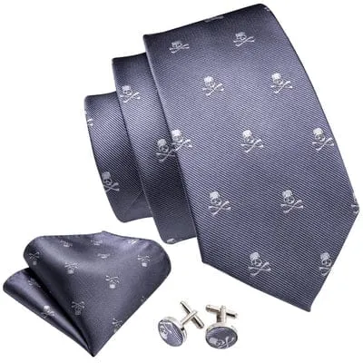 Skull Embroidered Silk Necktie Set with Pocket Square and Cufflinks