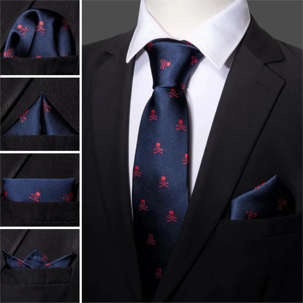 Skull Embroidered Silk Necktie Set with Pocket Square and Cufflinks