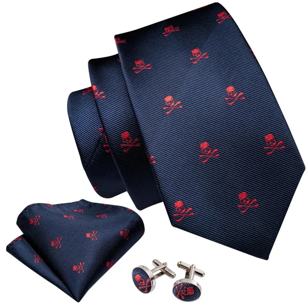 Skull Embroidered Silk Necktie Set with Pocket Square and Cufflinks