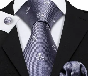 Skull Embroidered Silk Necktie Set with Pocket Square and Cufflinks