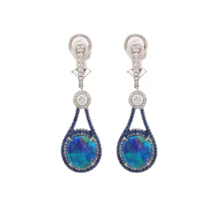 Stunning contemporary black opal diamond sapphire 18k white gold drop earrings