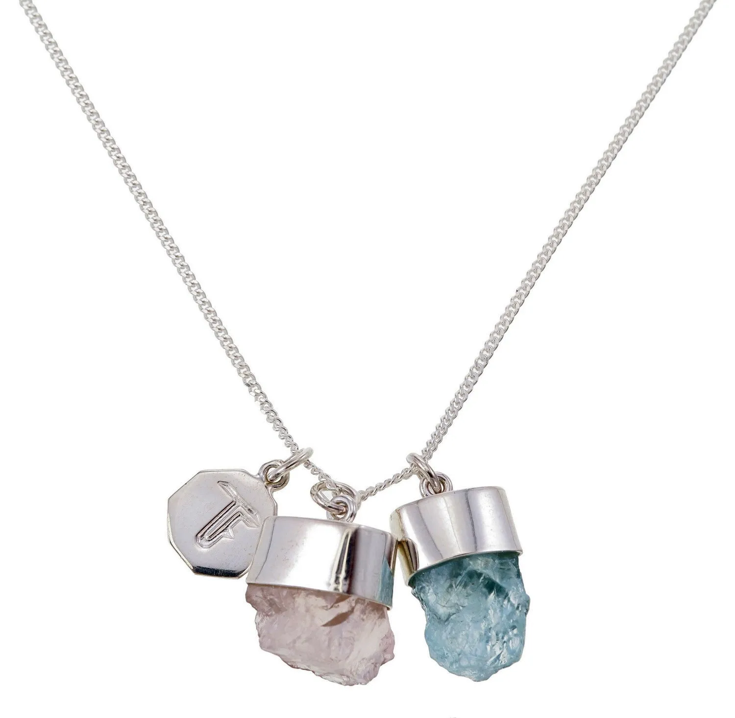 SUPERPOWER CHARM NECKLACE - AQUAMARINE WITH ROSE QUARTZ - SILVER