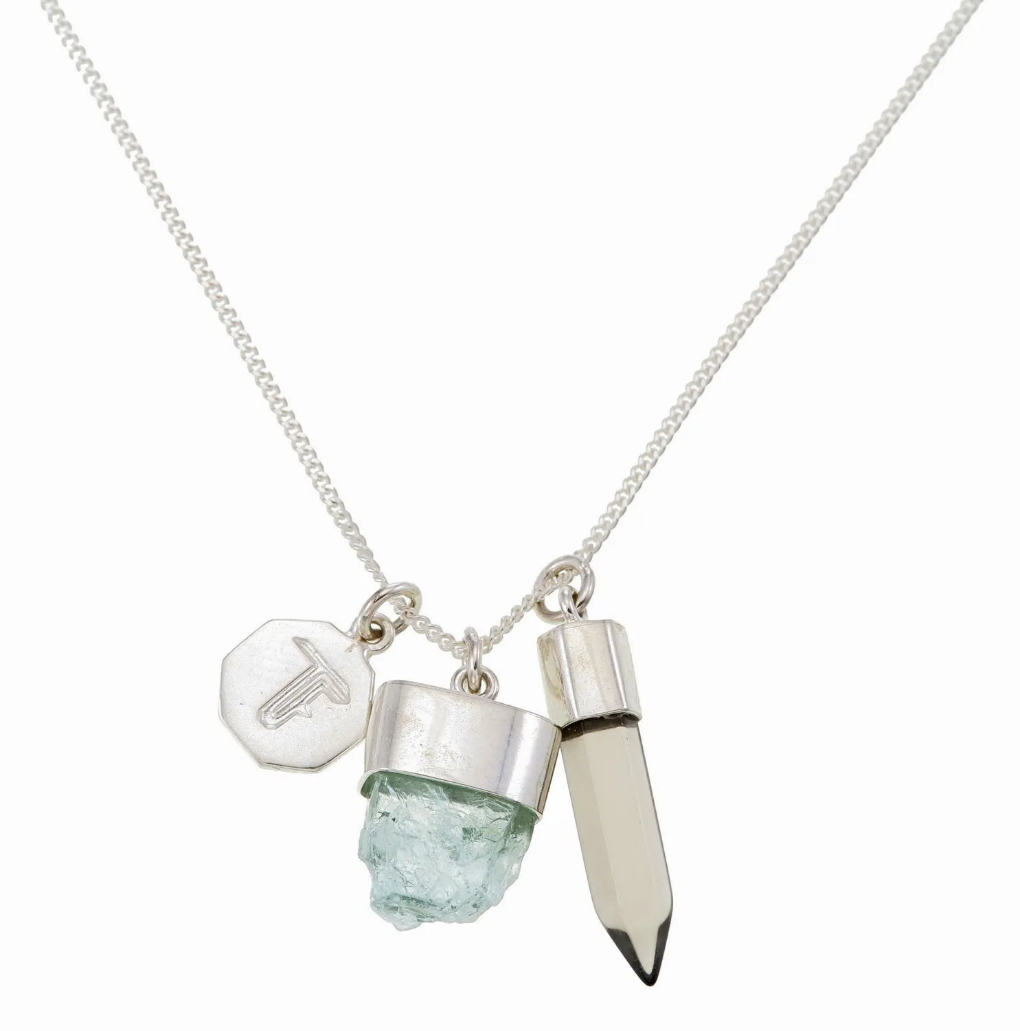 SUPERPOWER CHARM NECKLACE - AQUAMARINE WITH SMOKY QUARTZ - SILVER