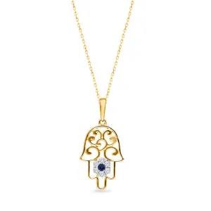 Yellow Gold Sapphire & Diamond Hamsa Pendant